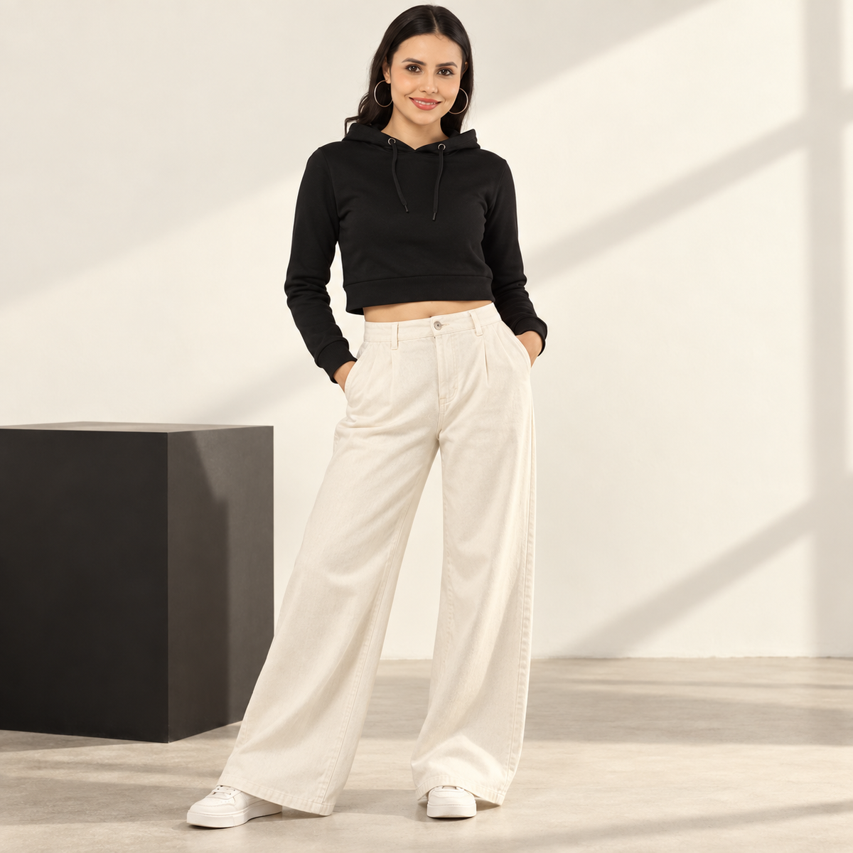 Women’s Cropped Hoodie — Black on model