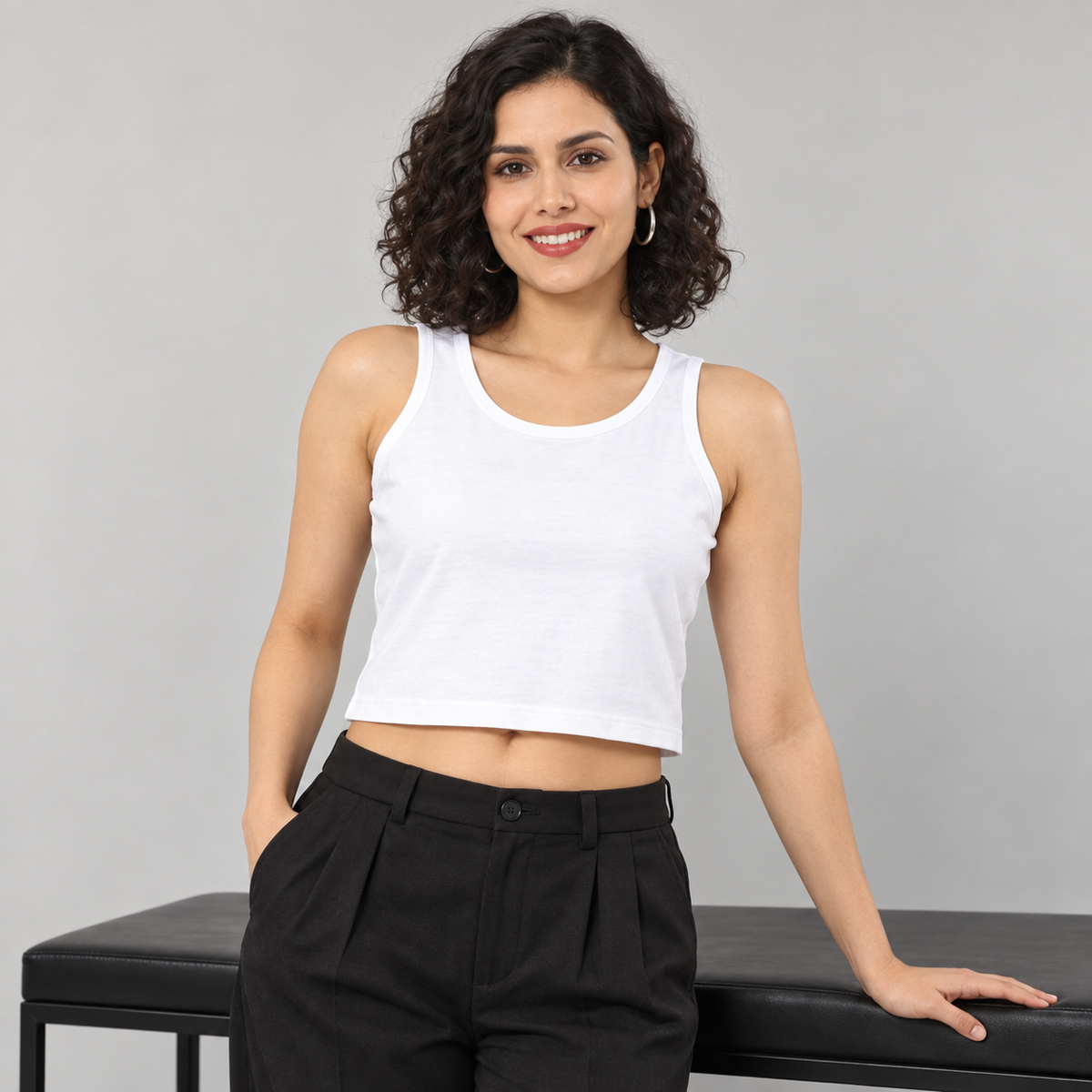Women’s Cropped Cotton Tank — White on model