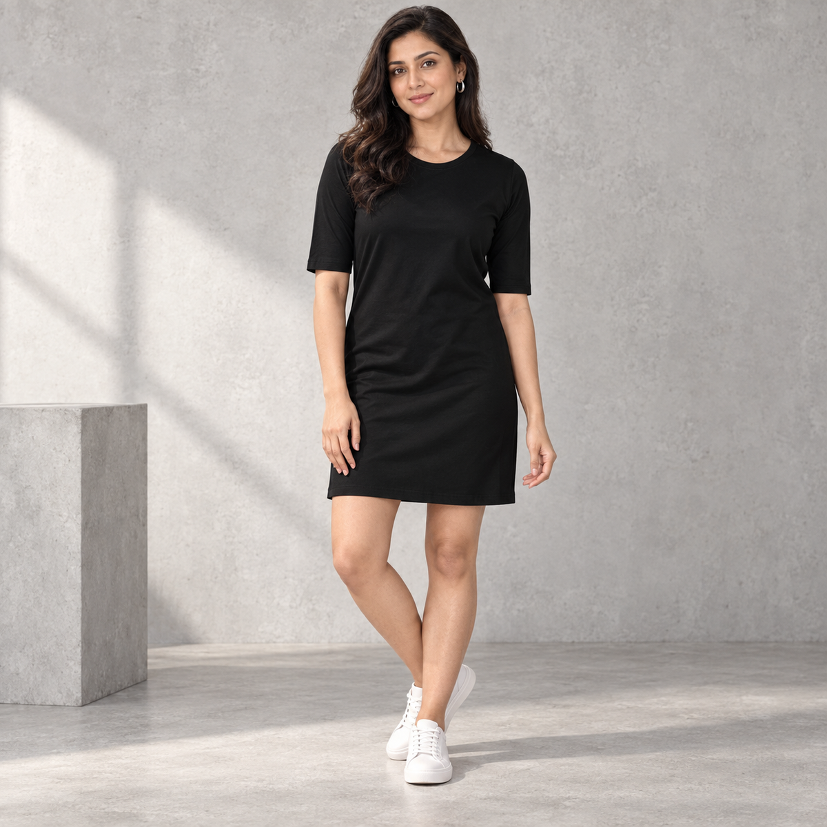 Women’s T-Shirt Dress — Black on model