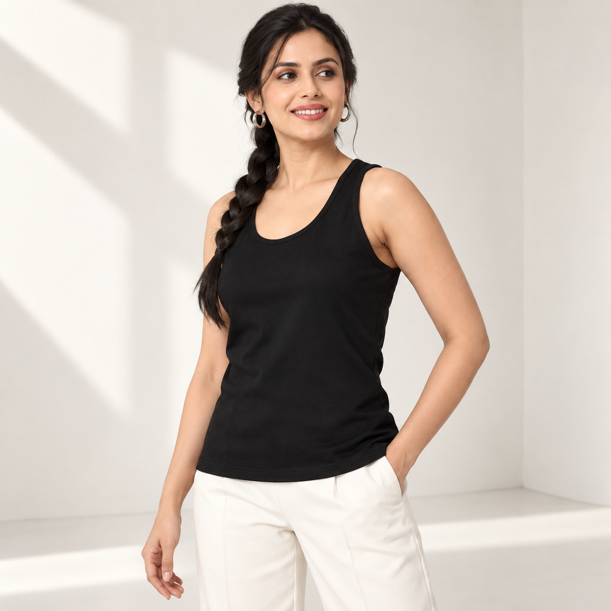 Women’s Cotton Tank — Black on model