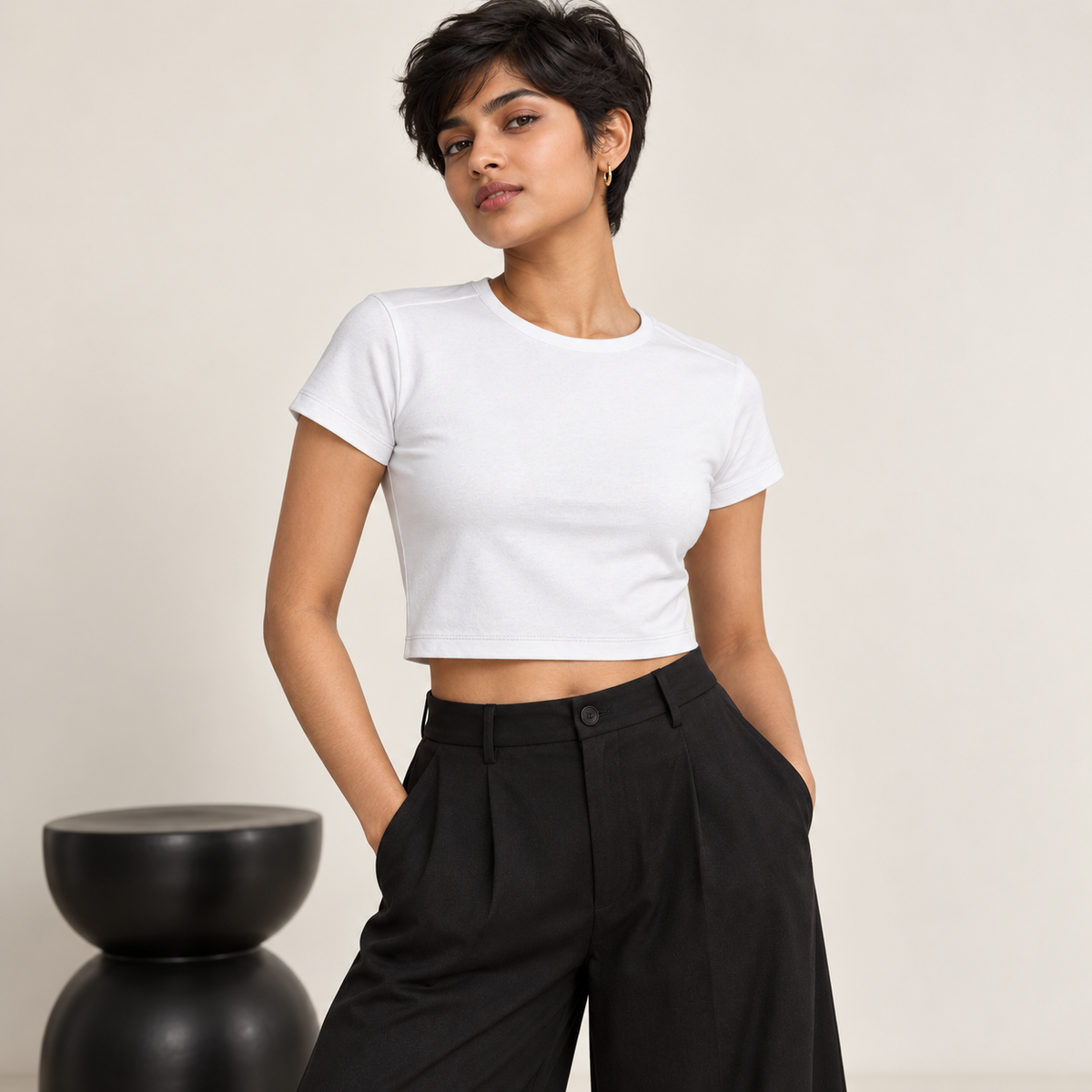 Women’s Fitted Baby Tee — White on model