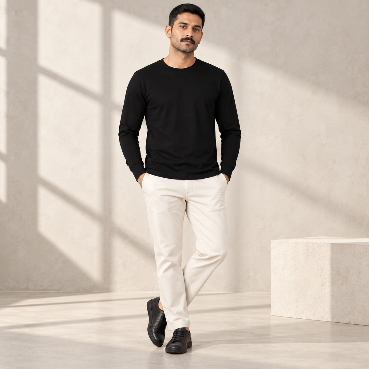 Men’s Long-Sleeve Cotton Tee — Black on model