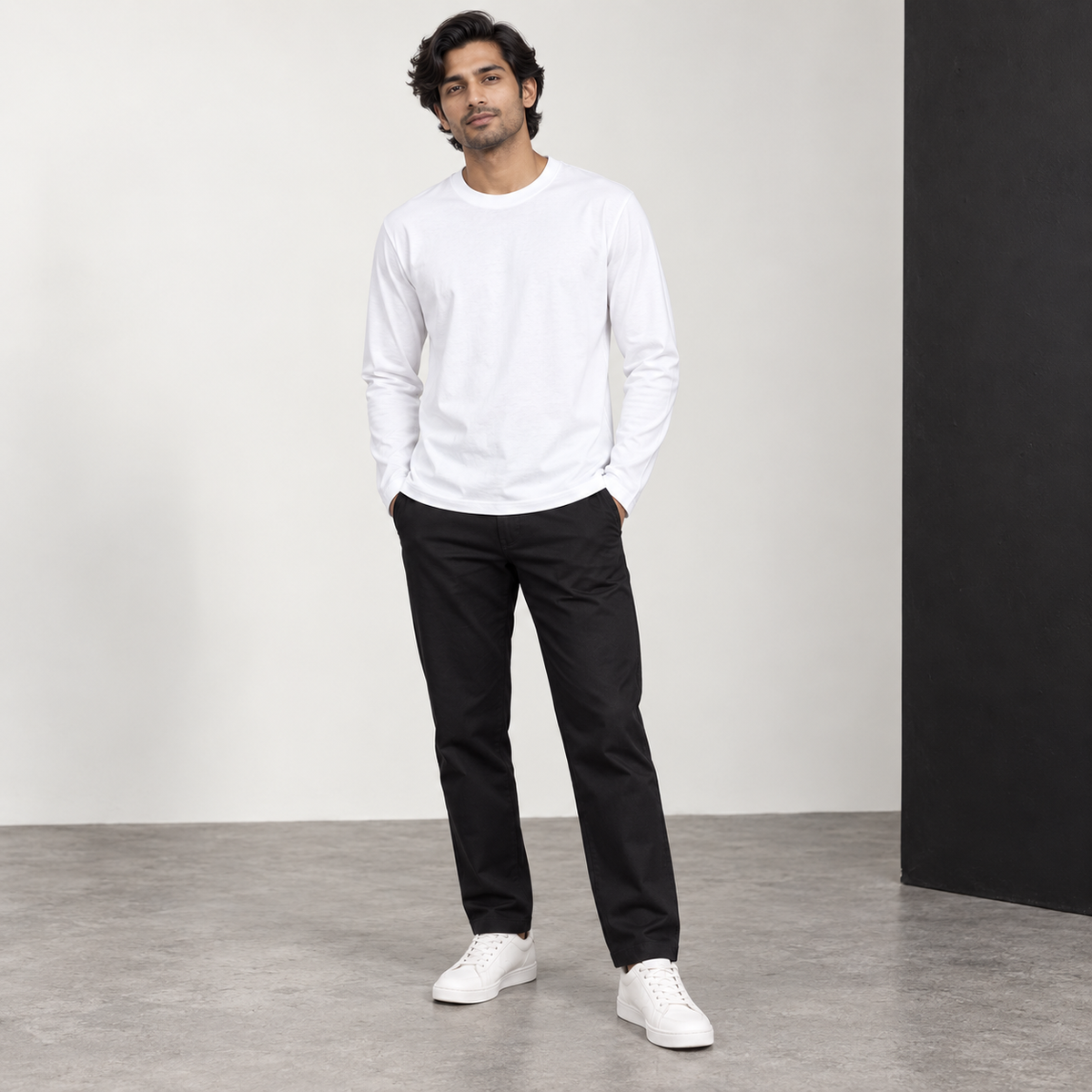 Men’s Long-Sleeve Cotton Tee — White on model