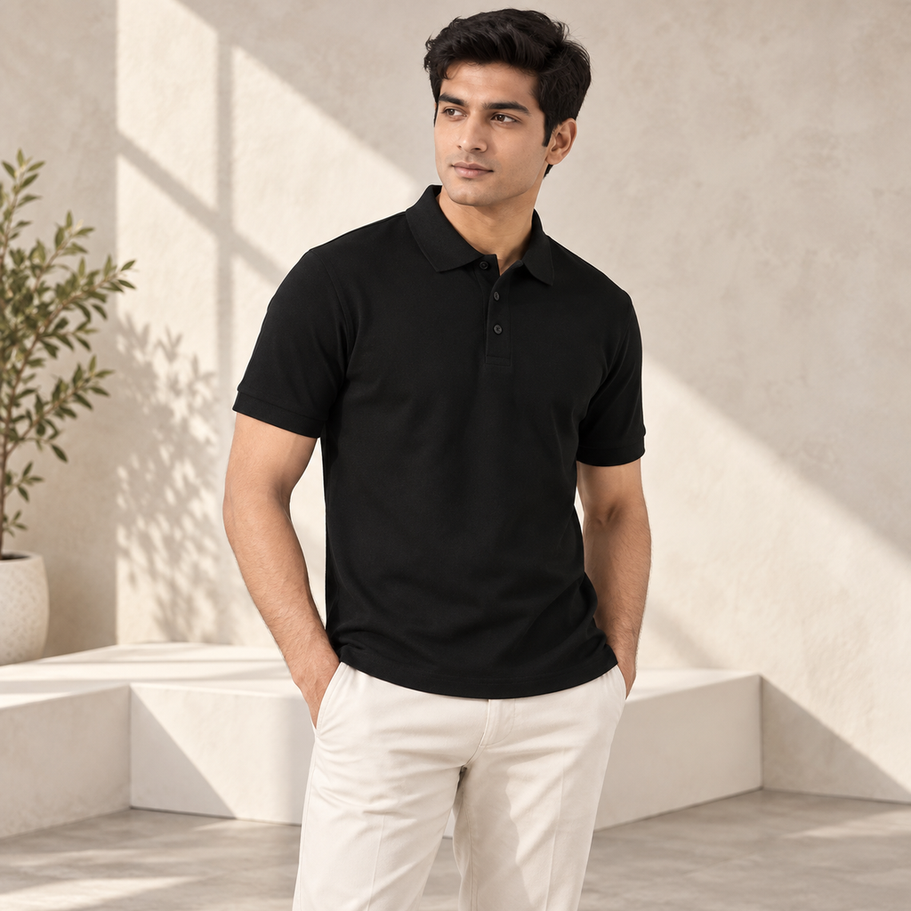 Men’s Structured Cotton Polo — Black on model