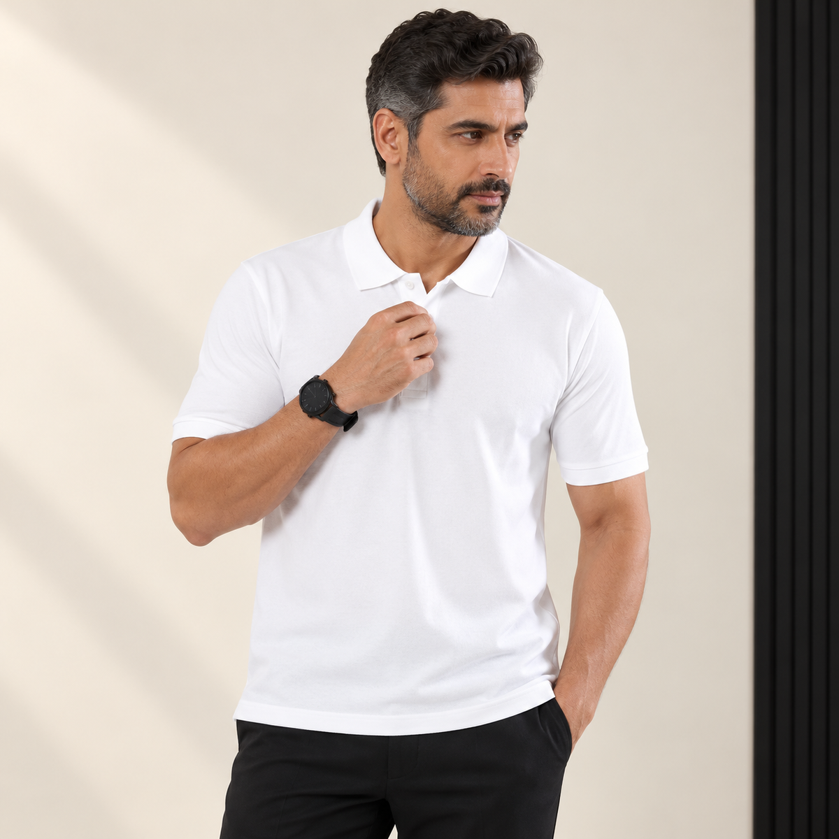 Men’s Structured Cotton Polo — White on model
