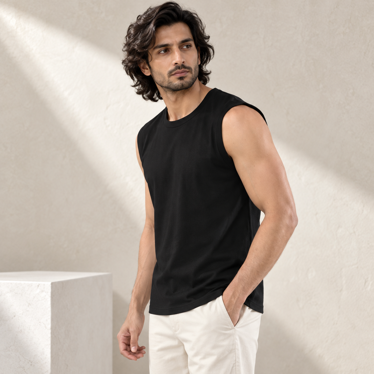 Men’s Sleeveless Cotton Tee — Black on model