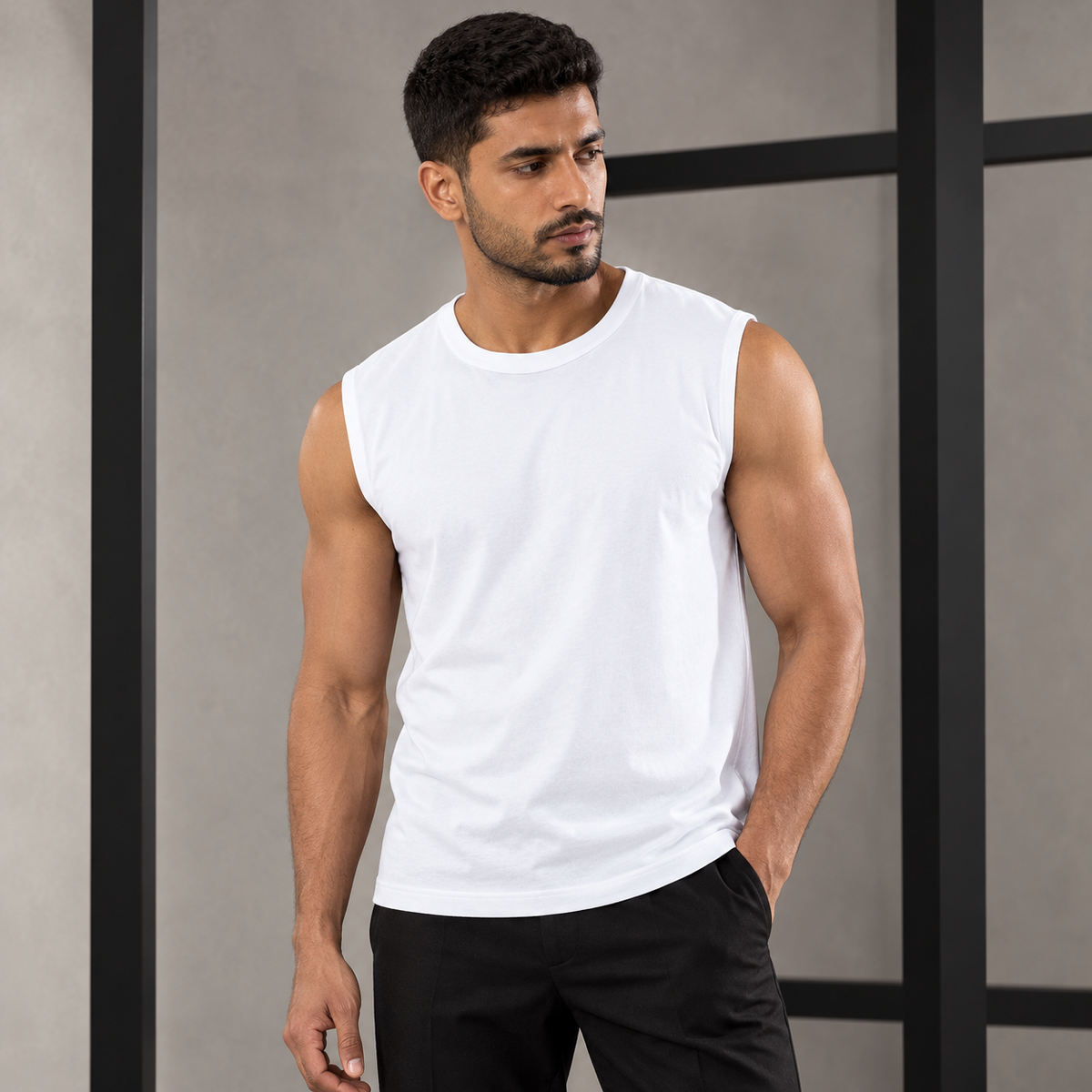 Men’s Sleeveless Cotton Tee — White on model