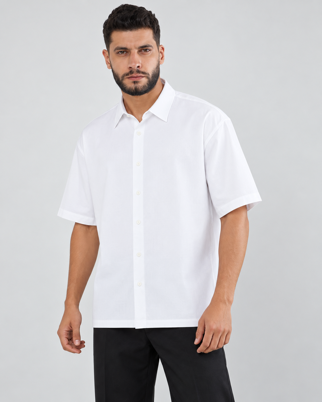 Men’s white oversized cotton shirt on model