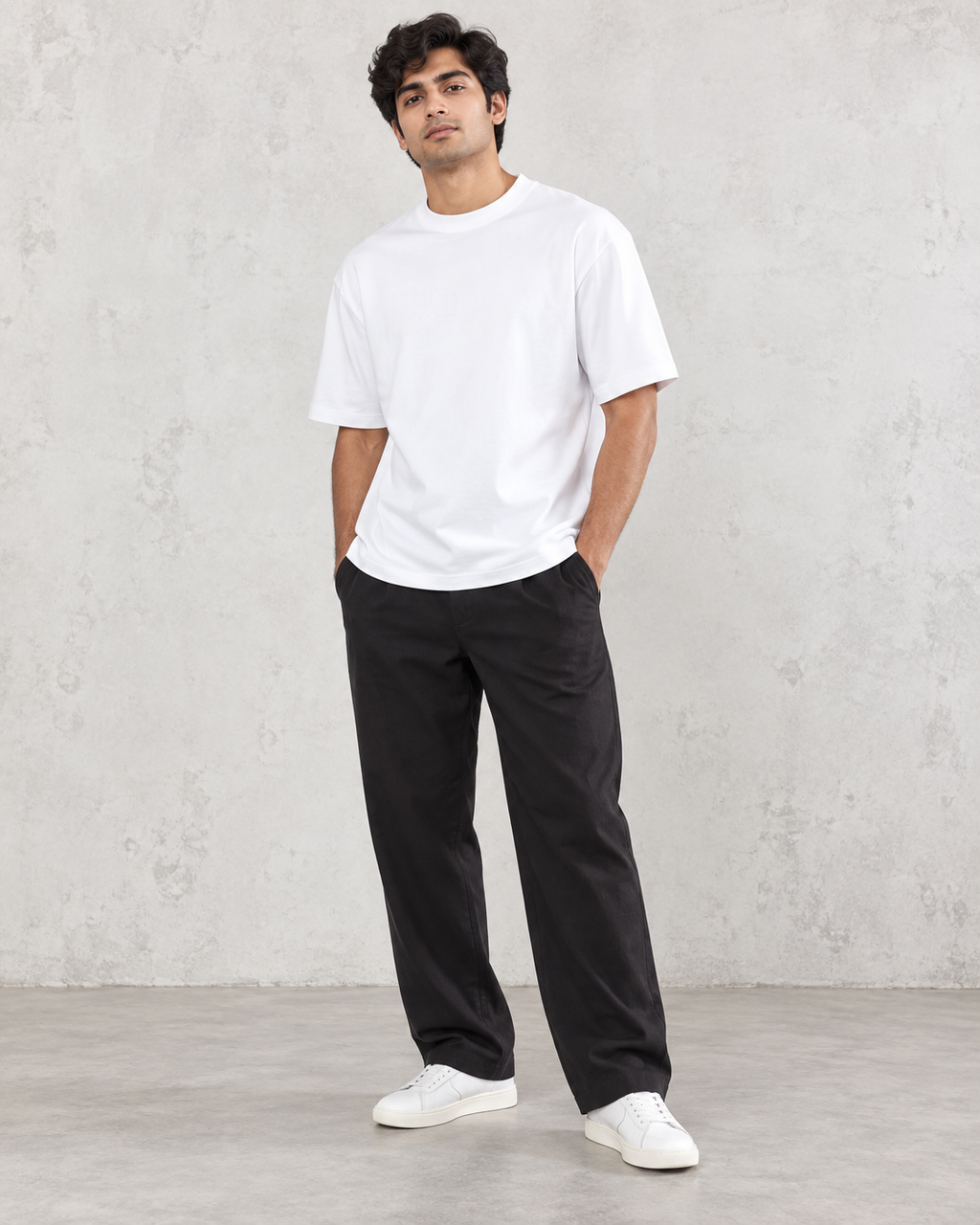 Men’s white heavyweight oversized tee on model