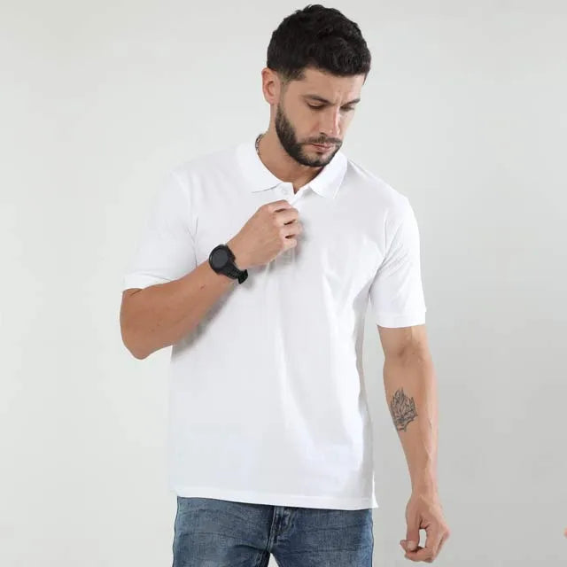 Men’s Structured Cotton Polo — White — official Qikink blank reference
