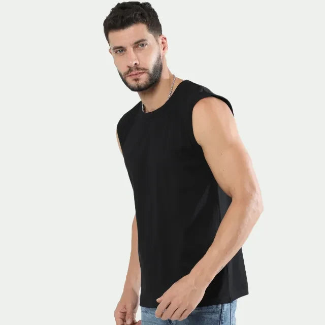 Men’s Sleeveless Cotton Tee — Black — official Qikink blank reference