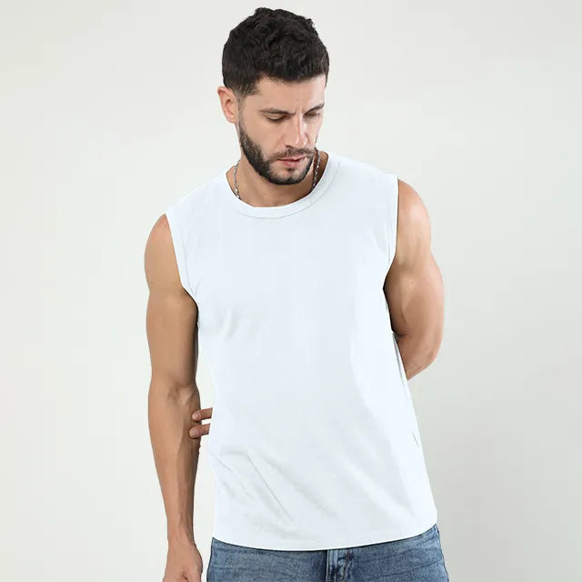 Men’s Sleeveless Cotton Tee — White — official Qikink blank reference