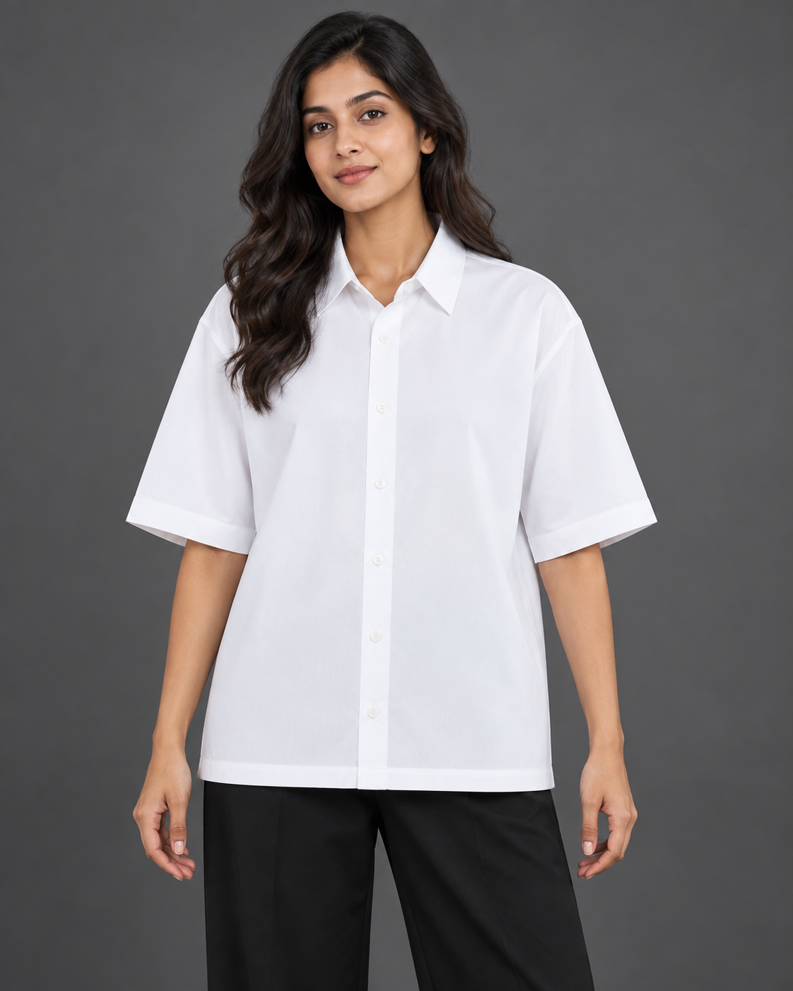Women’s white oversized cotton shirt on model
