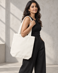 Women’s natural white Qikink cotton canvas zipper tote on model