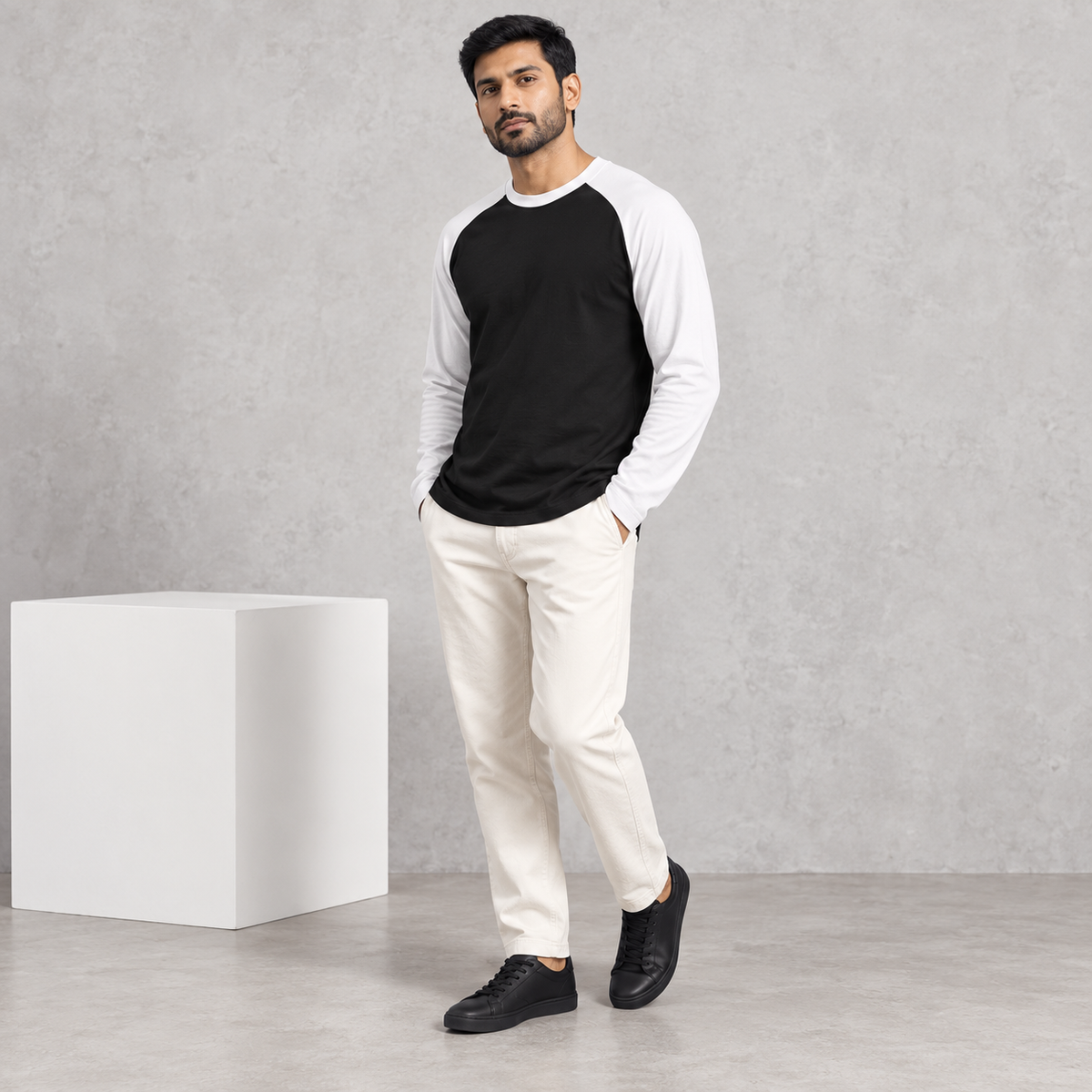 Men’s Contrast Raglan Tee — Black body / White sleeves on model