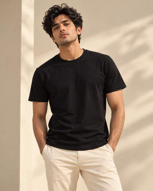 Men’s Classic Cotton Tee — Black on Indian model