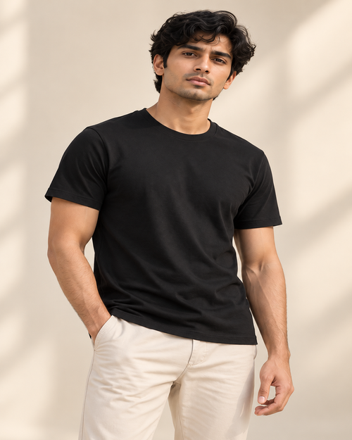 Men’s Classic Cotton Tee — Black on Indian model