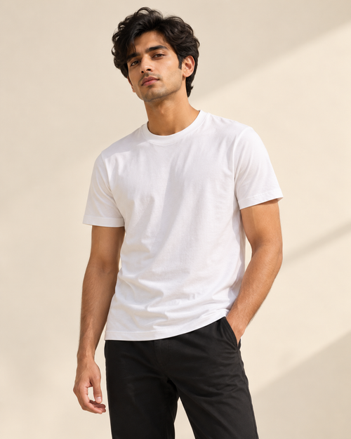 Men’s Classic Cotton Tee — White on Indian model