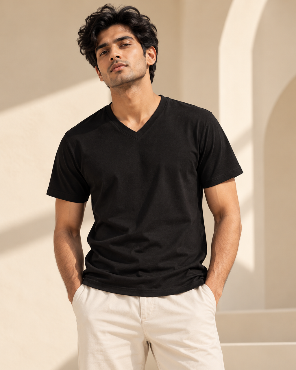 Men’s V-Neck Cotton Tee — Black on Indian model
