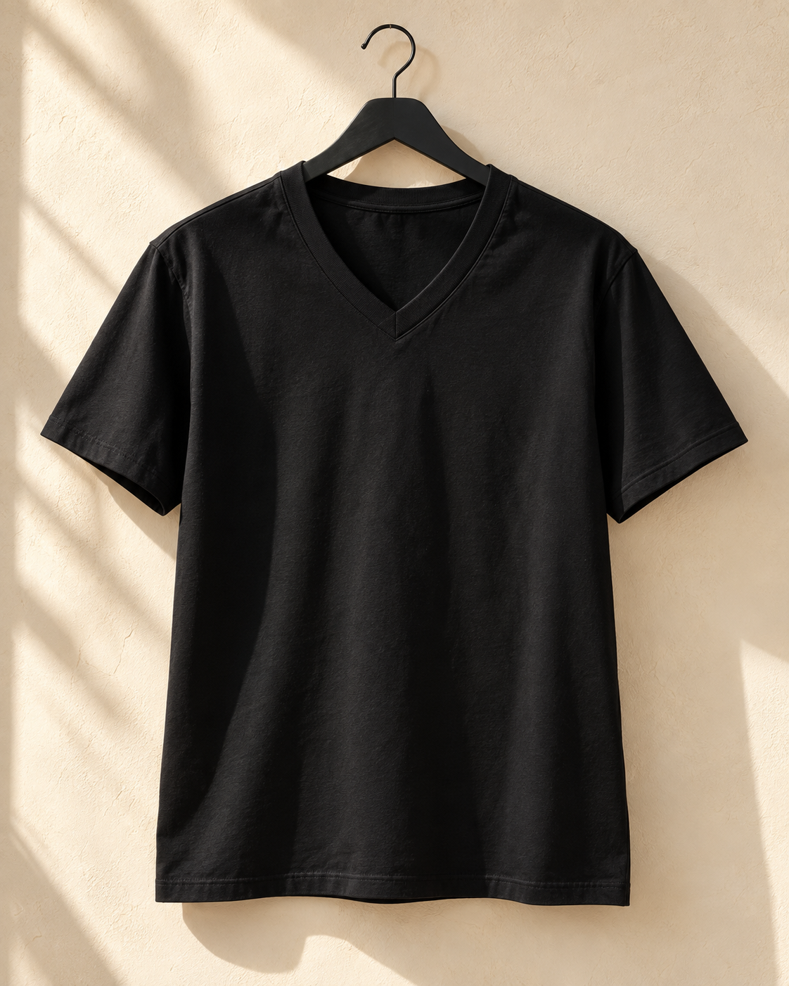 Men’s black V-neck cotton tee product view