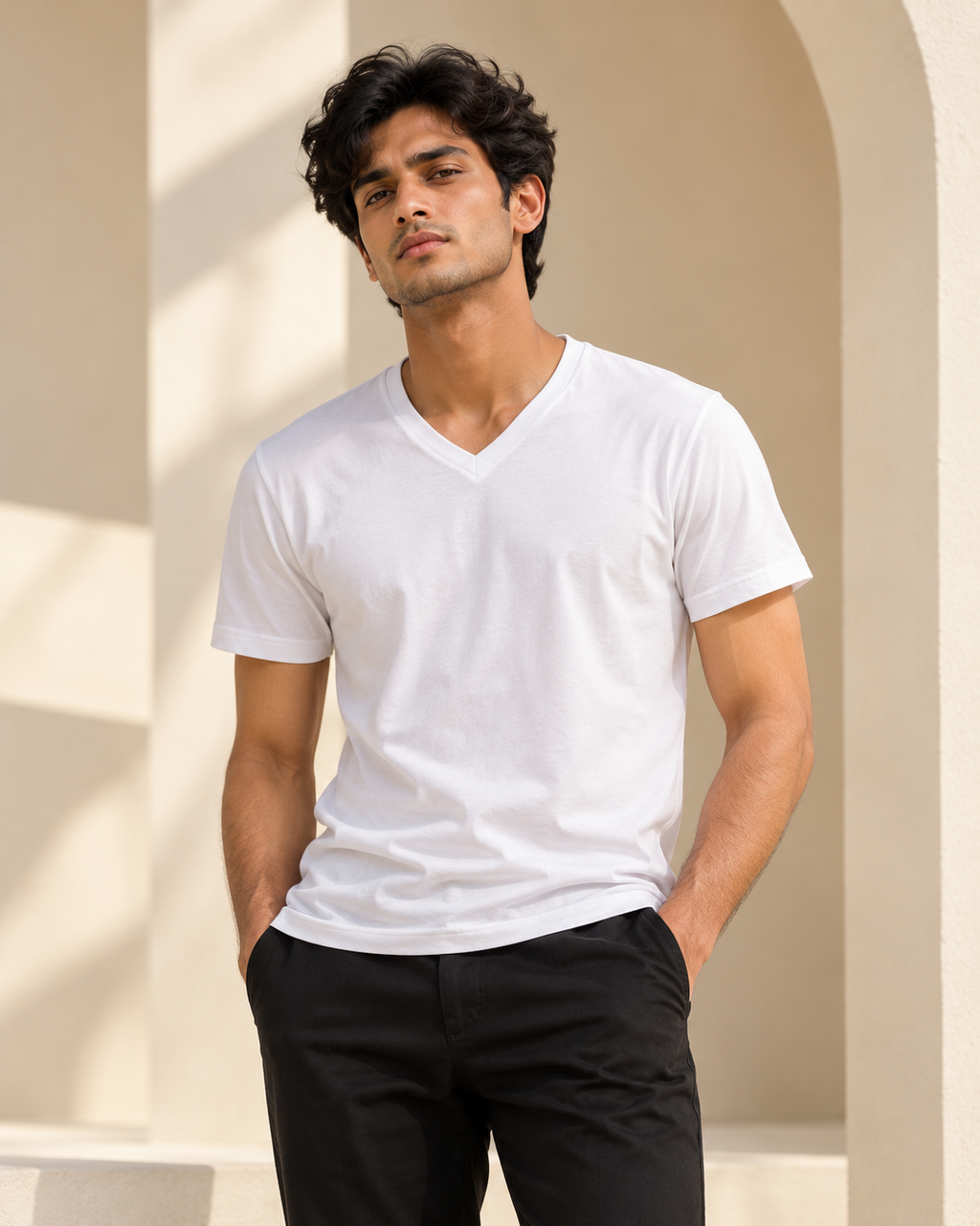 Men’s V-Neck Cotton Tee — White on Indian model