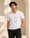 Men’s V-Neck Cotton Tee — White on Indian model