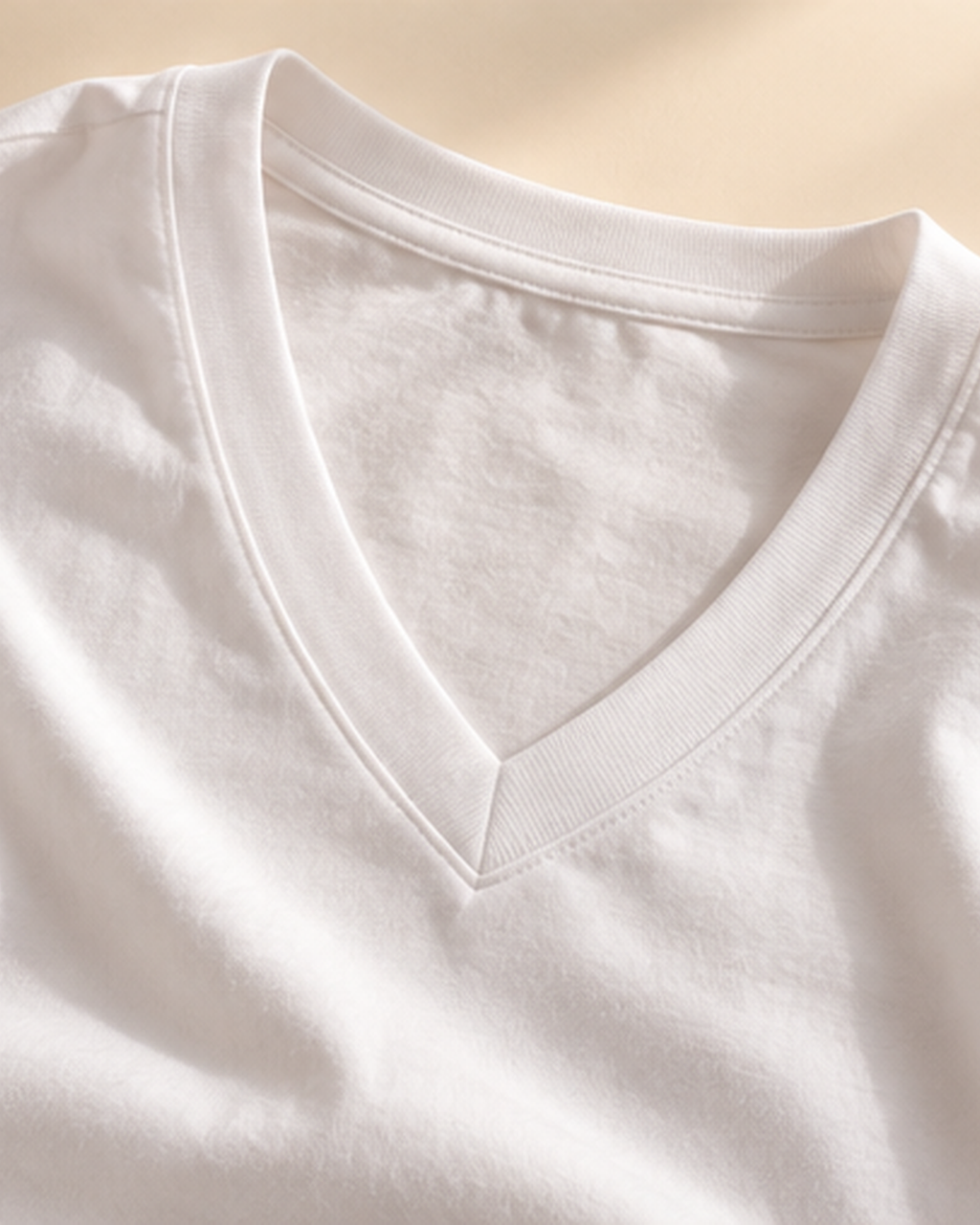 White V-neck cotton tee neckline and fabric detail