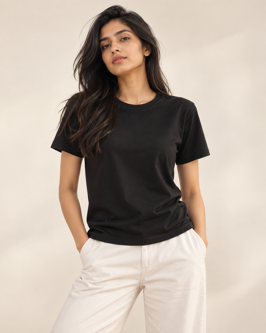 Women’s Classic Cotton Tee — Black on Indian model