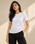 Women’s Classic Cotton Tee — White on Indian model