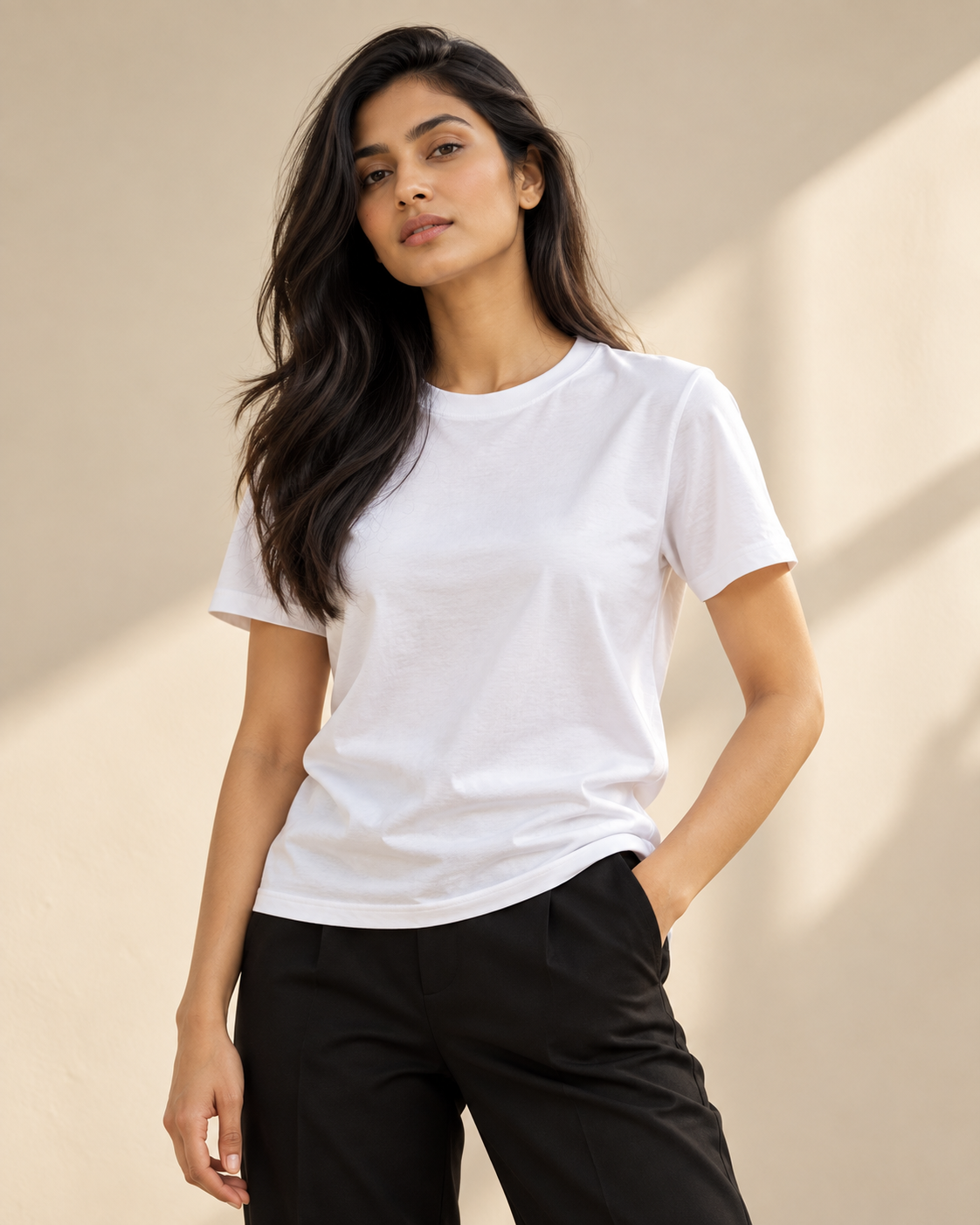 Women’s Classic Cotton Tee — White on Indian model