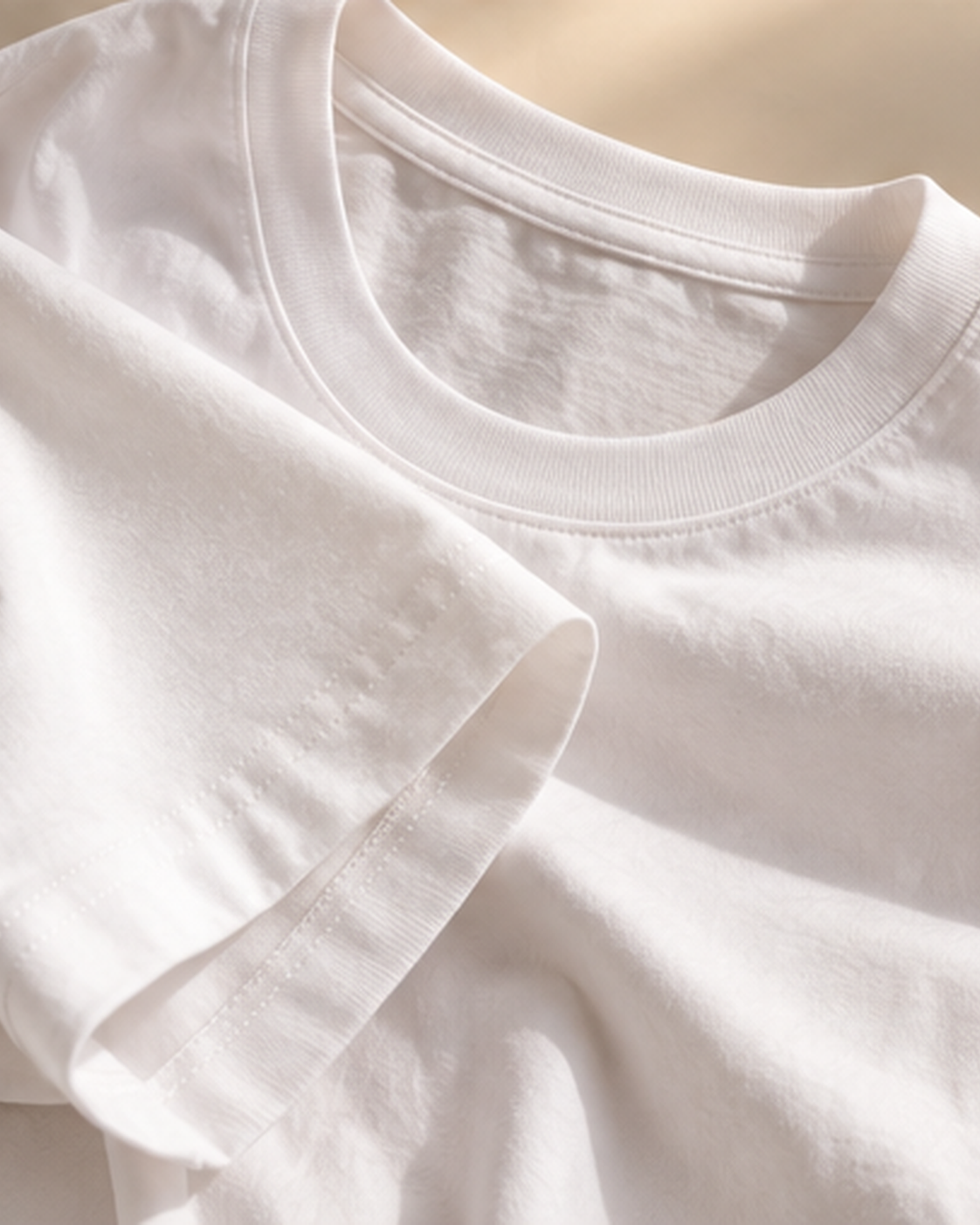 Women’s white classic cotton tee fabric and neckline detail